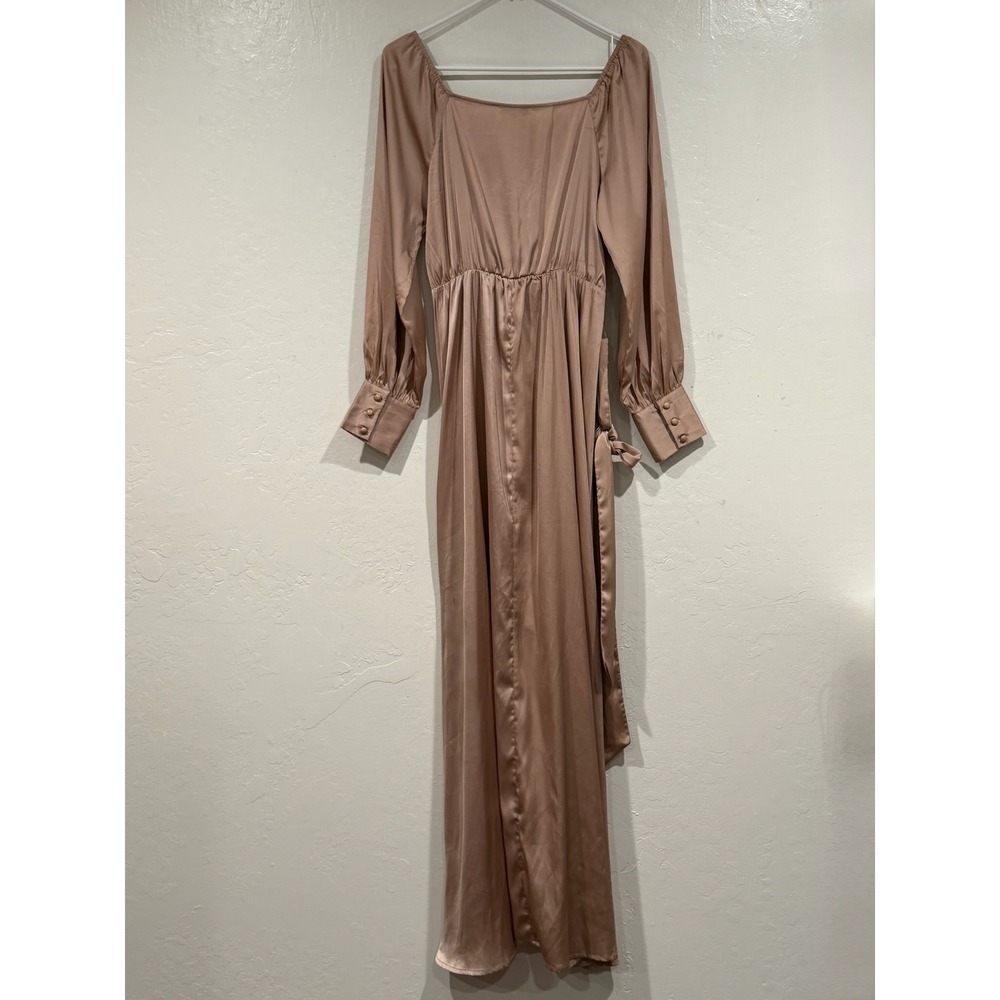 Baltic Born Katya High-Low Wrap Dress Champagne Taupe Satin DD2222 Small - Picture 3 of 11